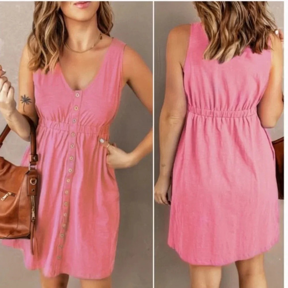 Pink Button Front Mini Dress | Sleeveless Casual Summer Dress - Picture 4 of 4